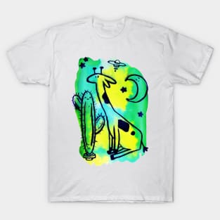 Space Giraffe and Cactus Green Watercolor T-Shirt